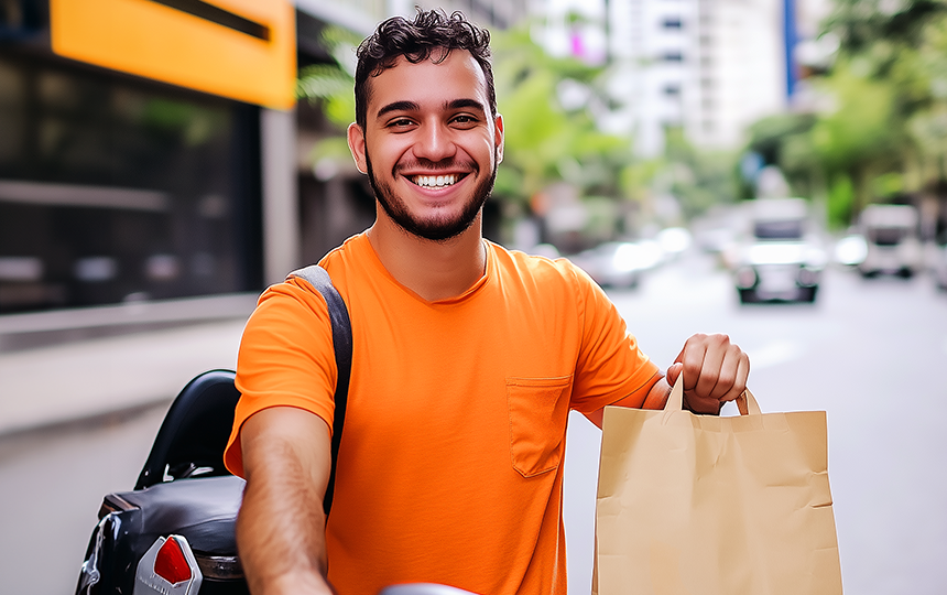 homem de blusa laranja sorrindo e segurando sacola 