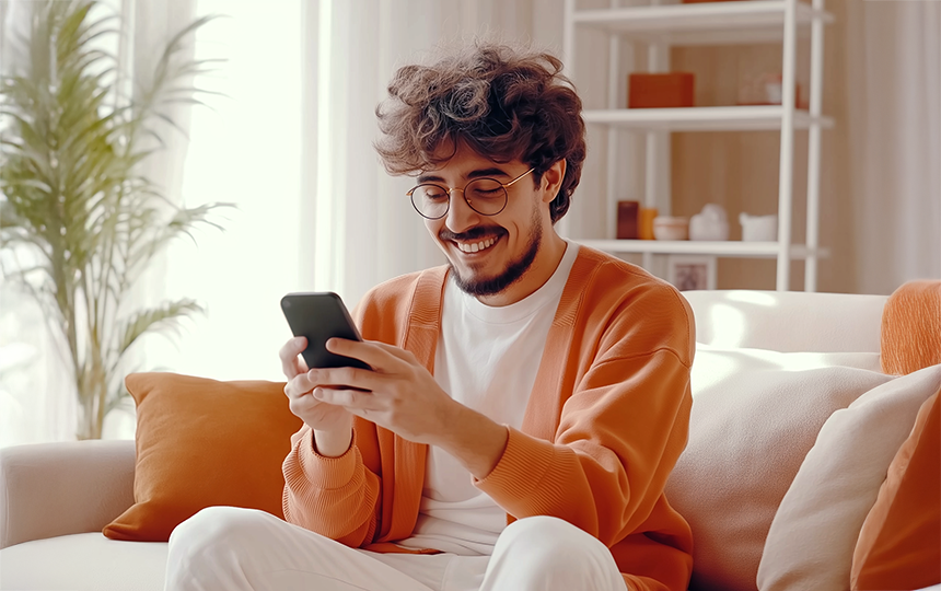 homem vestido de branco com casaco laranja sorrindo e segurando o celular 