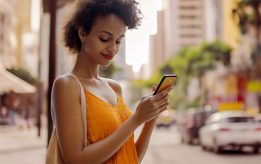 mulher de vestido laranja segurando celular e sorrindo 