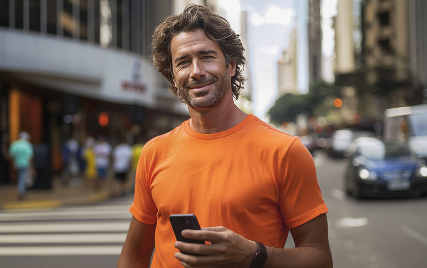 Homem de cabelos e barba castanhos, pele bronzeada, vestindo camiseta laranja e segurando um celular na mão.